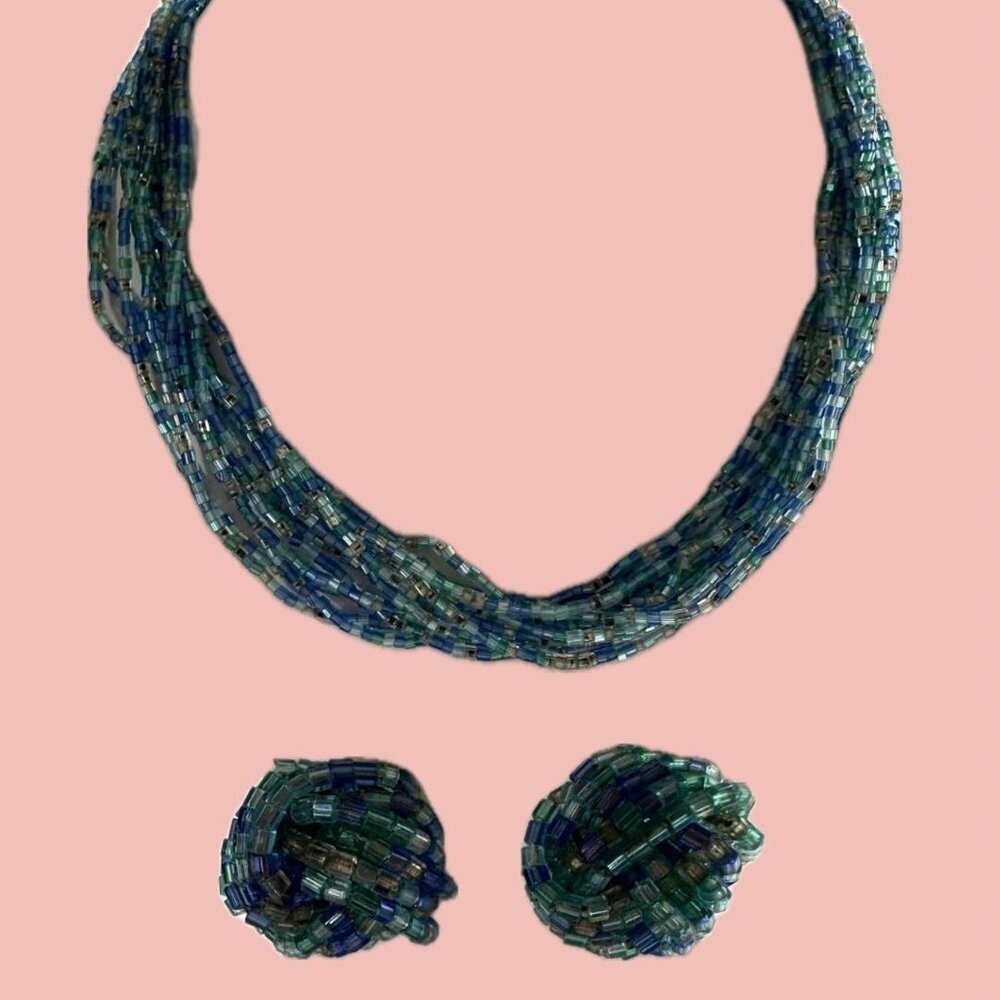 Vintage Beaded Necklace &amp; Earring Set – Ocean Tones Glass Beads